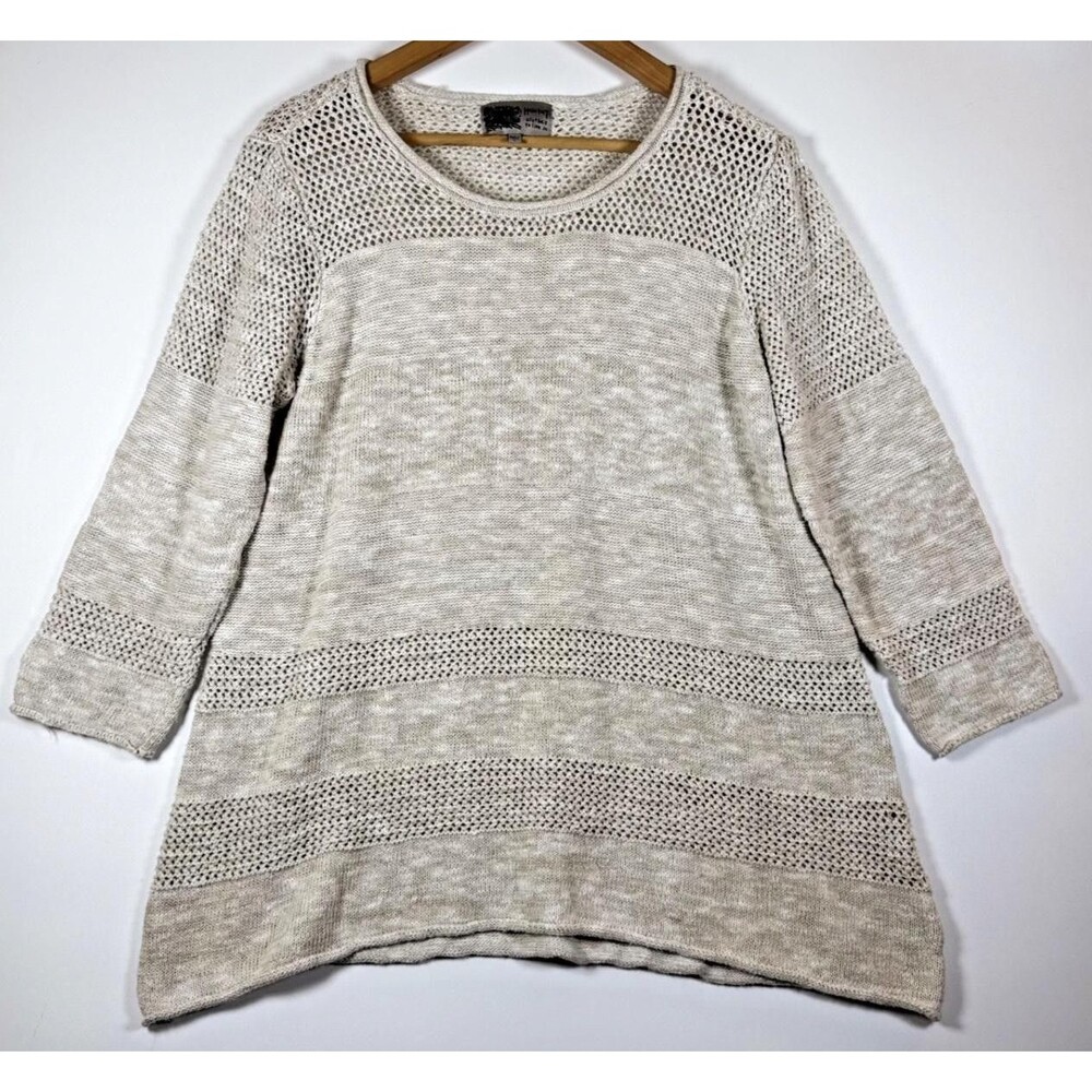Habitat Sweater Womens Large Beige Linen Cotton Knit Pullover‎ Tunic Mesh Detail